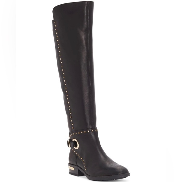 NEW Vince Camuto Poppidal Black Leather Knee High Riding Block Heel Boots sz 5.5 - Picture 1 of 15